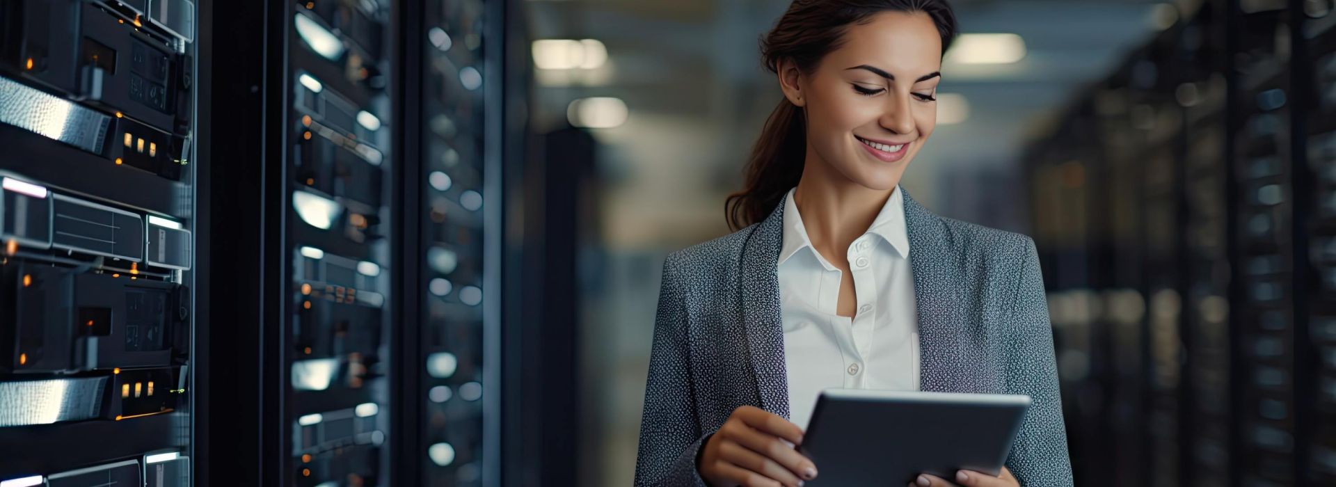 Woman smiling at a tablet inside a server room