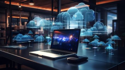 Laptop on a table with blue cloud system above